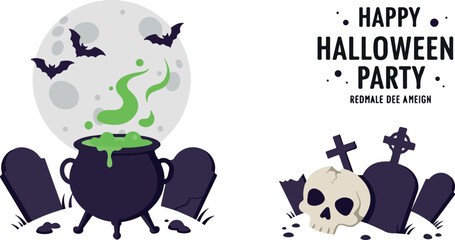 Fototapeta premium Halloween Party Cauldron With Moon Bats Skull And Tombstones Flat Design