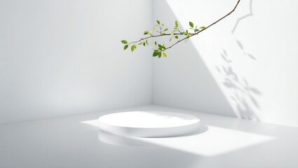 Obraz premium Minimalist white podium with natural light and delicate branch overhead