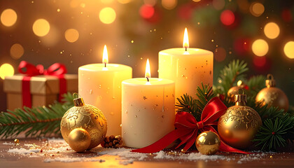 Three lit candles stand amidst Christmas decorations, including ornaments, a red ribbon, and evergreen branches, with a gift box and bokeh lights in the background.
