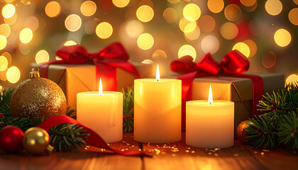 Warm Christmas scene featuring lit candles, wrapped gifts, ornaments, and festive decorations, with bokeh lights.