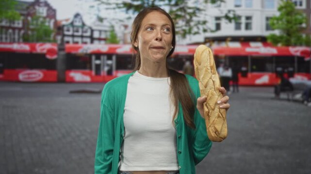 Young hispanic woman holding a baguette and showing three fingers on a city street while smiling, wearing green cardigan and white top; joy community.