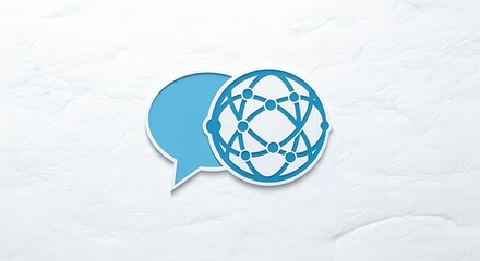 Connect globally with a modern blue speech bubble and network icon on a textured white background