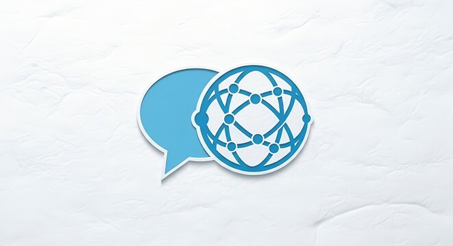 Connect globally with a modern blue speech bubble and network icon on a textured white background - Powered by Adobe