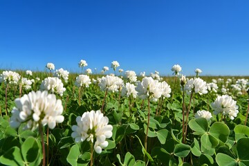 A patch of white clover flowers blooming in a field under clear skies 
