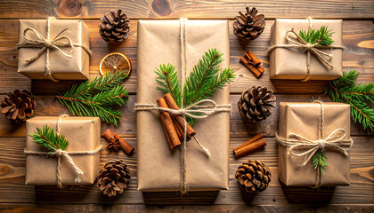 Arrangement of wrapped gifts adorned with natural elements, showcasing festive holiday preparation on a wooden surface.
