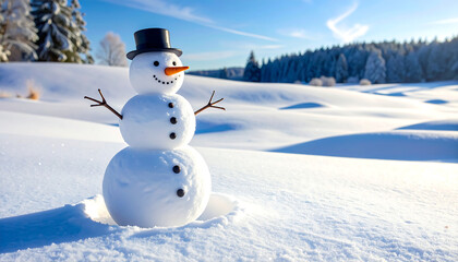 A cheerful snowman stands proudly in a snow-covered field, smiling brightly on a sunny winter day.