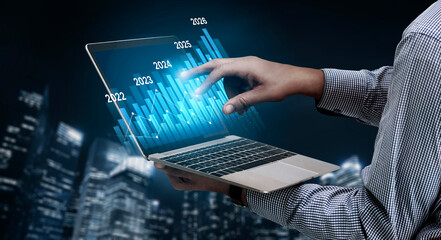 Business bar chart and line graph showing yearly business growth from 2022 to new year 2026,...
