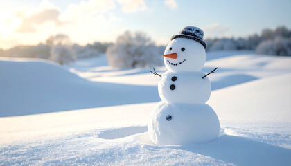 A cheerful snowman stands proudly in a snowy landscape, basking in the winter sunlight.
