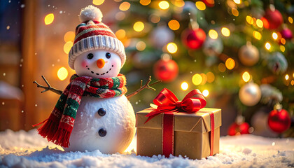 A cheerful snowman with a festive hat and scarf stands beside a wrapped gift, with a decorated Christmas tree in the background.