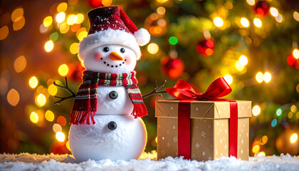 Festive snowman wearing a hat and scarf stands beside a wrapped gift box, with Christmas tree lights.