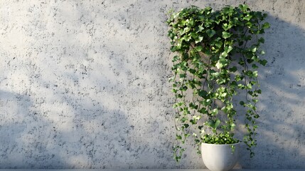 A pot of hanging ivy vines cascading downward against a textured concrete wall in a modern garden 
