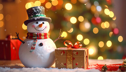A cheerful snowman with a festive hat and scarf stands beside a wrapped gift, with a Christmas tree in the background.