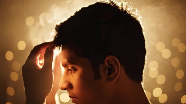 Man Holding His Head in Dispair With Warm Light, Close Up
