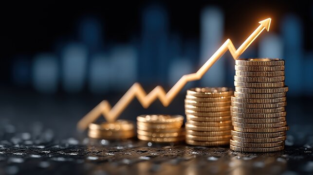 3d render of a glowing arrow pointing up, with a stack of coins and a bar graph on a blue background. this image represents the concept of business growth and was the winner of a stock photo contest