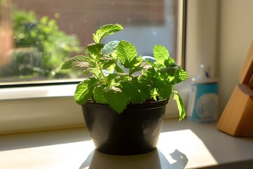 A pot of mint leaves on a kitchen windowsill catching midday sun 
