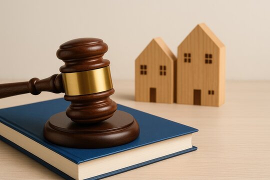 Gavel resting on book with wooden house miniatures signifying real estate law