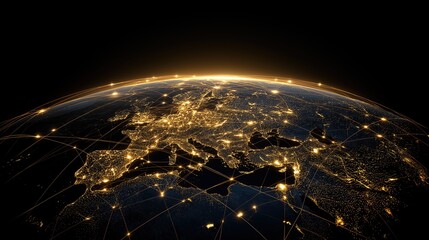 Digital world map, global network, and connectivity concept with city skyline on a dark background. a digital globe grid with glowing connections and stars, representing the global network and connect