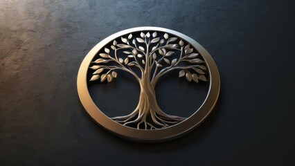 Circular Tree of Life Logo with Intricate Metallic Leaves on Dark Grey Background  Luxurious and Elegant Design