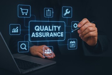 Quality assurance digital workflow icons and analysis charts for business success