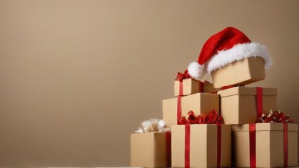 Festive Stack of Gift Boxes with Red and Gold Ribbons, Santa Hat, and Beige Background.