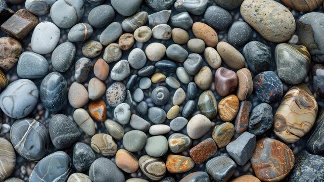 Spiral arrangement of colorful, smooth pebbles on ground