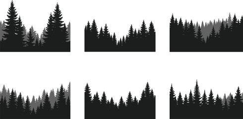 Coniferous forest silhouette, pine tree landscape, black and white nature scene, misty woods illustration, evergreen wilderness, layered forest art © MDALRAFIN