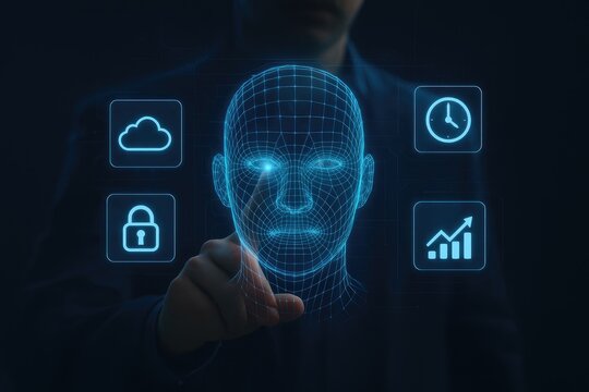 Abstract digital human head with data icons cloud lock clock growth chart technology