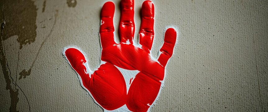 Close-up of a human handprint on a textured surface, mark, form