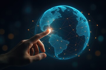 Digital globe with connected network points and a finger touching the data