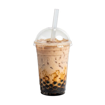 Refreshing brown sugar boba milk tea with tapioca pearls on white background