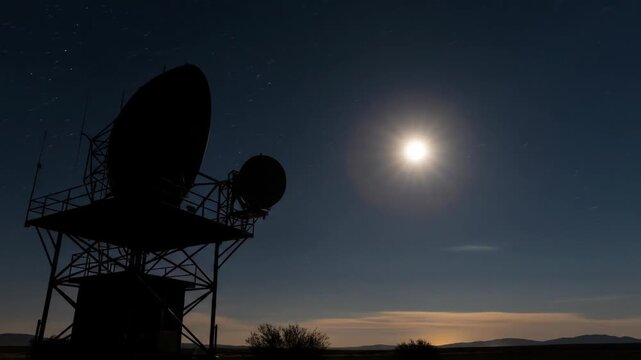 Dramatic silhouette of satellite dish against starry night sky with full moon, technology and communication.