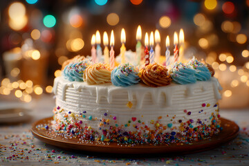 Birthday cake with candles, bright lights bokeh.Celebration.