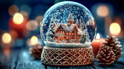 A Beautiful Snow Globe Depicting a Cozy Winter Cottage Surrounded by Snowy Trees, Candles, and Pine Cones for a Magical Holiday Atmosphere