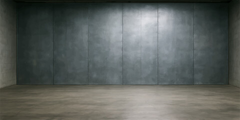 Dark, empty grunge room with aged concrete wall and wooden floor interior backdrop texture