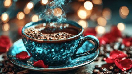 Obraz premium A Warm Cup of Coffee Surrounded by Coffee Beans and Rose Petals with a Smooth Steam Rising Against a Softly Lit Background
