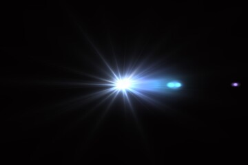 Blue Flare Burst Effect on Black Background—Star Lens Flare, Shining Blue Light Explosion, Isolated on Dark Scene