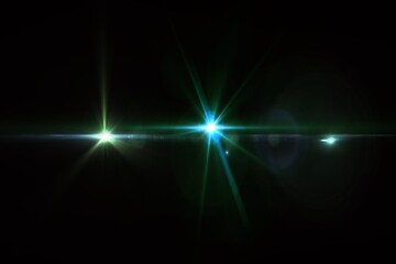UHorizontal Blue and Green Lens Flare on Black Background—Starburst Effect, Cinematic Blue-Green Optical Flare—Abstract Dark Light Burst