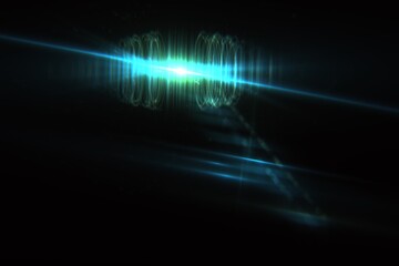 Abstract Wave Lens Flare on Black Background—Energy Light Effect, Futuristic Blue-Green Flare, Electronic Wave Lightburst Overlay