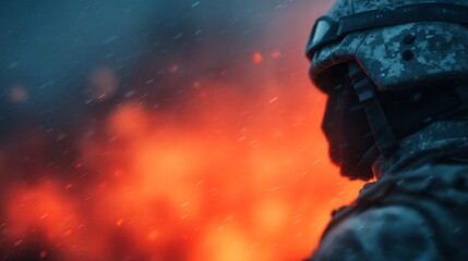 A soldier stands in silhouette against a backdrop of flames, evoking themes of conflict, bravery, and resilience amidst a dramatic, fiery scene.