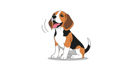 A cheerful and friendly tricolor beagle dog sits attentively with its tongue out, appearing to bark or communicate playfully in a vibrant cartoon illustration.