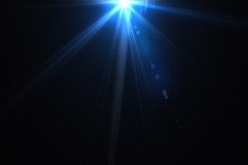 Blue Spotlight Burst Rays on Black Background—Glowing Light Effect, Bright Blue Ray Illumination Dark Stage—Starburst Flare Overlay