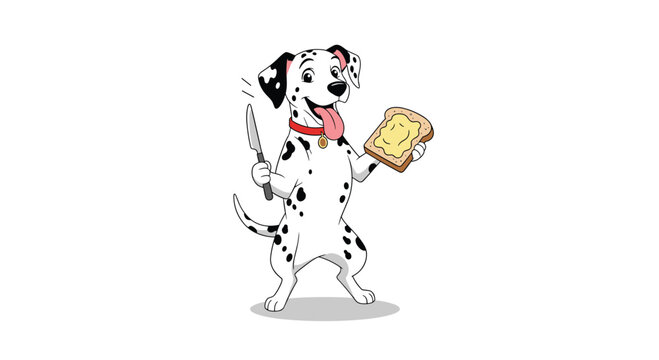 A happy cartoon Dalmatian dog stands on its hind legs, enthusiastically holding a butter knife and a slice of buttered toast, ready for a delicious treat.