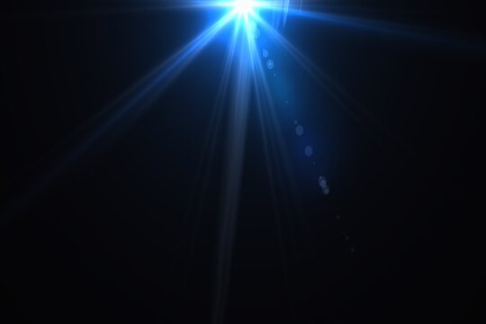 Blue Spotlight Burst Rays on Black Background—Glowing Light Effect, Bright Blue Ray Illumination Dark Stage—Starburst Flare Overlay - Powered by Adobe