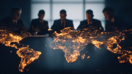 A group of professionals discusses a glowing map of the world, emphasizing global connections and strategic planning in a modern office setting.