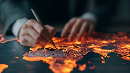 A hand draws over a glowing map, highlighting regions with intricate details, symbolizing exploration and global connectivity.