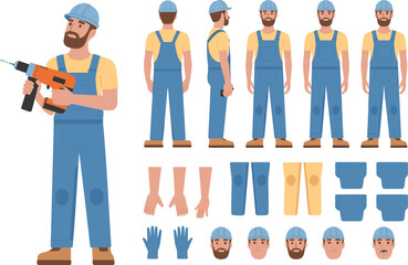 Construction worker man in blue overalls holding electric drill, builder character creation set, industrial handyman illustration design