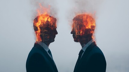 Two men face each other, their heads engulfed in flames, symbolizing intense emotions or conflict within a surreal, artistic composition.