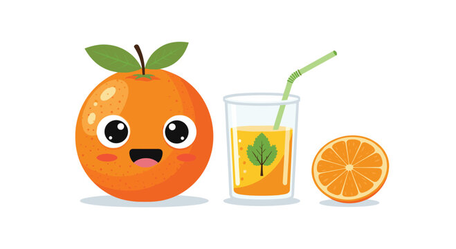 Happy animated orange character next to a refreshing glass of orange juice and a perfectly cut orange slice.