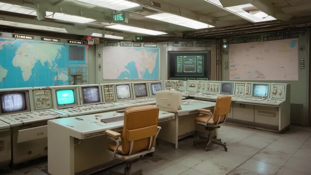 レトロ機器が並ぶ世界監視の室内