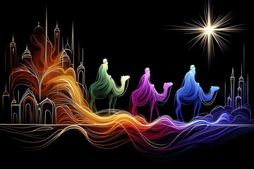 Abstract line art Christmas illustration of three wise men traveling to Bethlehem to visit the Child